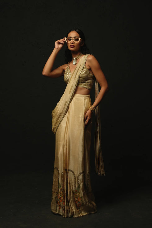 Beige Gajji Satin & Chiffon Pre-Draped Saree Set
