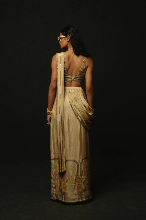 Beige Gajji Satin & Chiffon Pre-Draped Saree Set