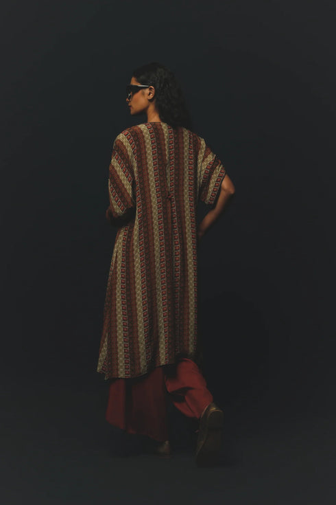 Rust Linen & Crepe Satin Jacket Set