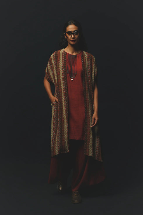 Rust Linen & Crepe Satin Jacket Set