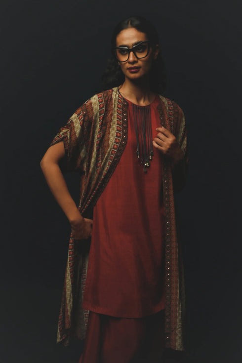 Rust Linen & Crepe Satin Jacket Set