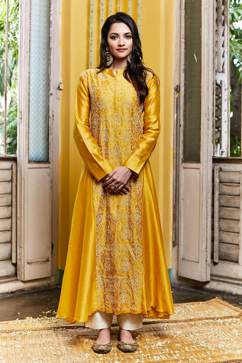 Silk Chanderi Long Asymmetrical Tunic With Pearl Embroidered Lotus Jaal