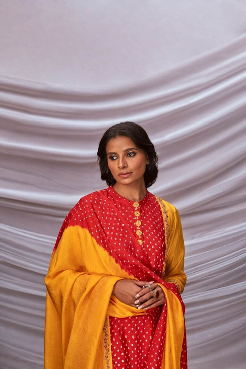 Tie & Dye Bandhani Panelled Kurta Set With Zari Work