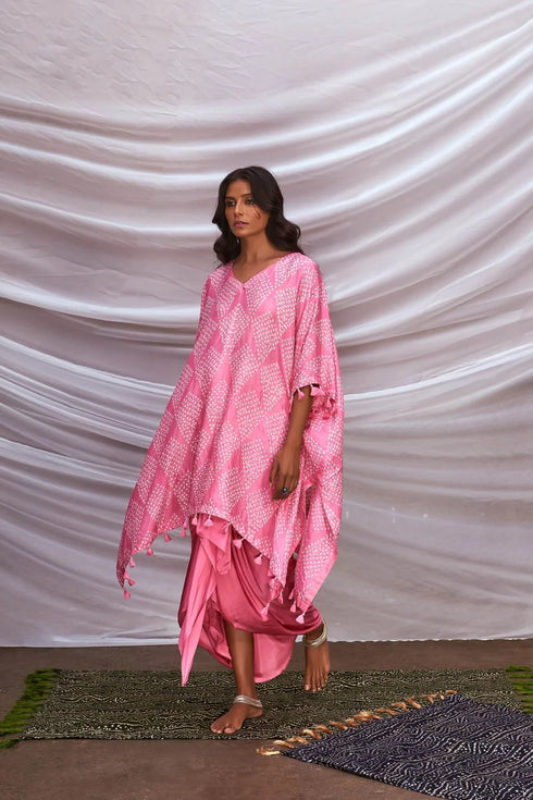 Kite Patterned Bandhani Kaftan With Drape Skirt