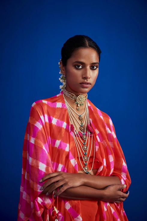 Leheriya Cape Set With Draped Skirt