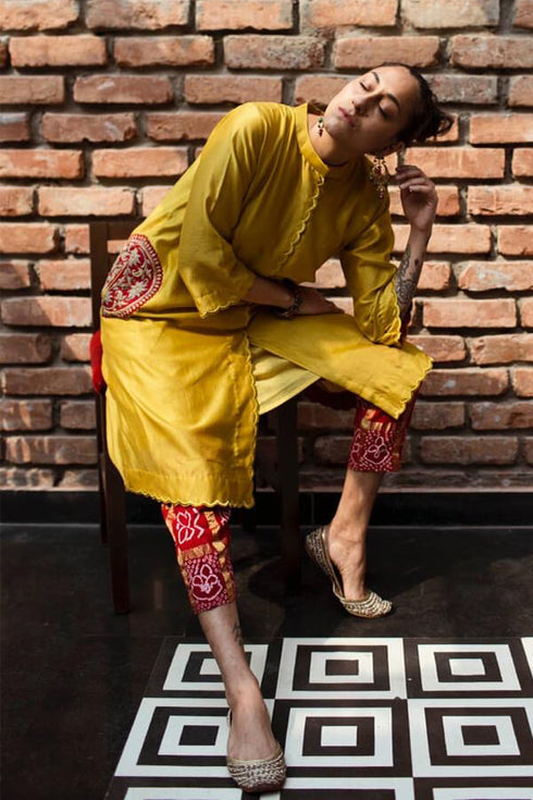 Chanderi Kurta With Beautiful Lotus Embroidered Motifs And Gharchola Pants