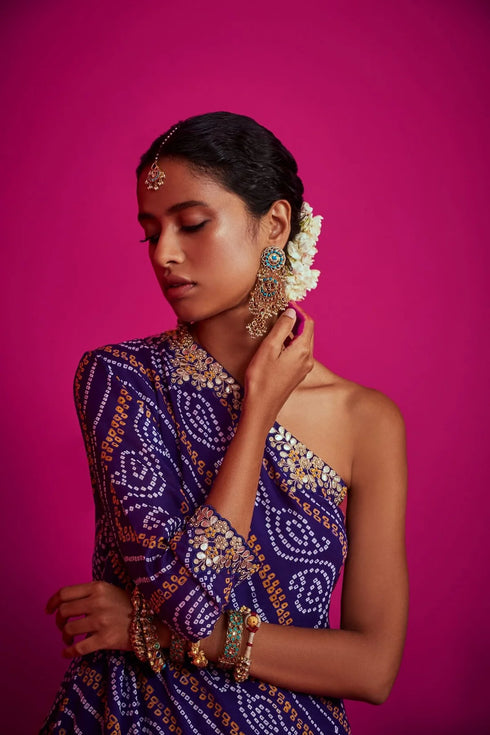 Bandhani One Shoulder Asymmetrical Kurta With Sharara Pants