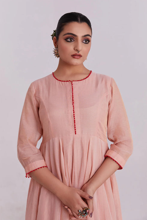 Peach Tissue Anarkali With Heavy Bandhni Dupatta