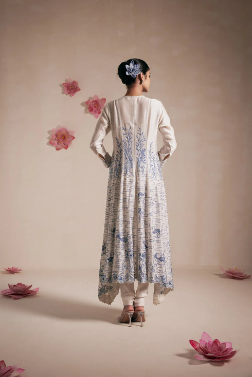 Blue Chanderi High Low Anarkali With Churidar