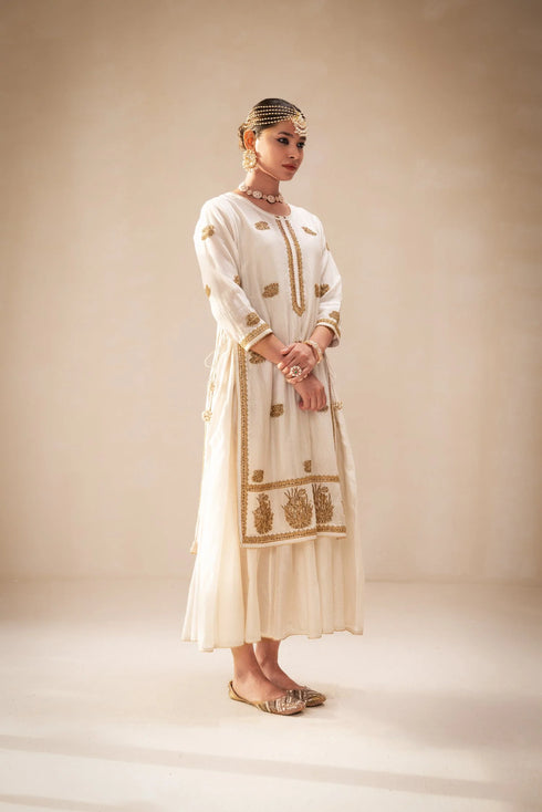 Ivory Lucknowi Style Kurta With Gold Embellishment