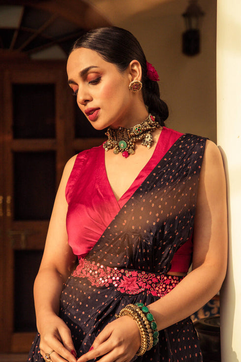Black Red Bandhni Drape Saree