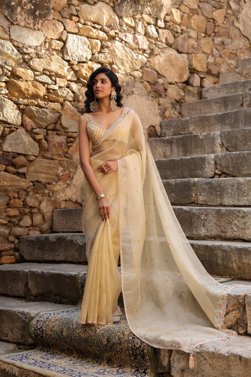 Vaayu Beige Multicolor Butti Saree Set