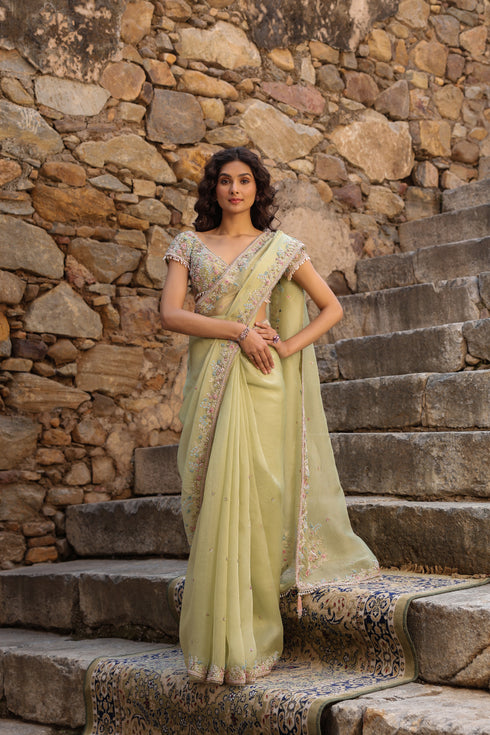 Vaayu Green Multicolor Border Saree Set