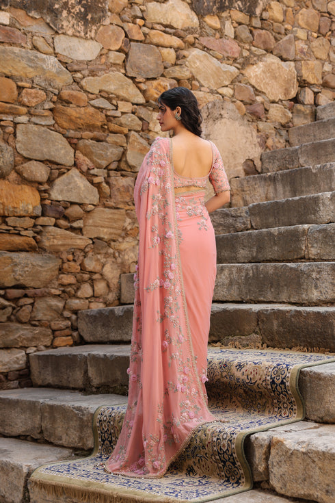 Vaayu Pink Jaal Saree Set