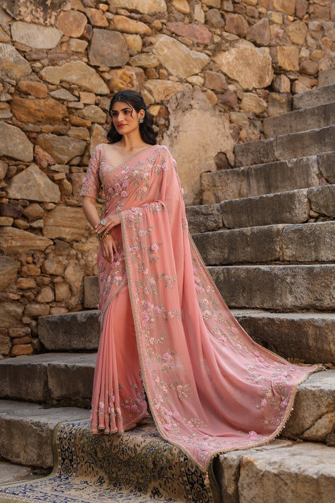 Vaayu Pink Jaal Saree Set