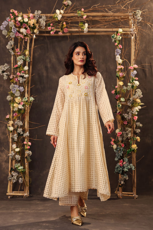 Vaayu Beige Panelled Kalidar Set