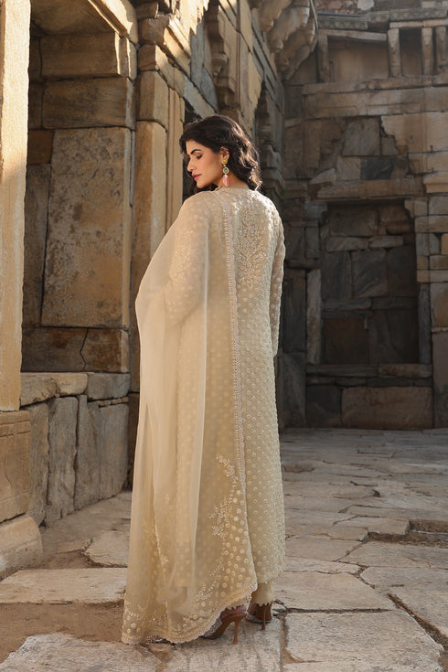 Vaayu Beige Buti Close Neck Kurta Set
