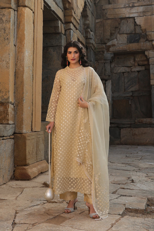 Vaayu Beige Buti Close Neck Kurta Set