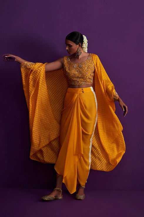 Bandhani Cape Set With Heavily Embroidered Crop Top