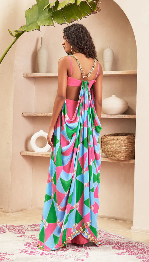 Gabriella Pink Pant & Bustier with Multi Colour Jacket Set