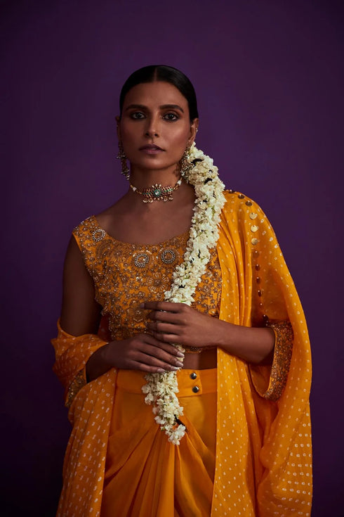 Bandhani Cape Set With Heavily Embroidered Crop Top