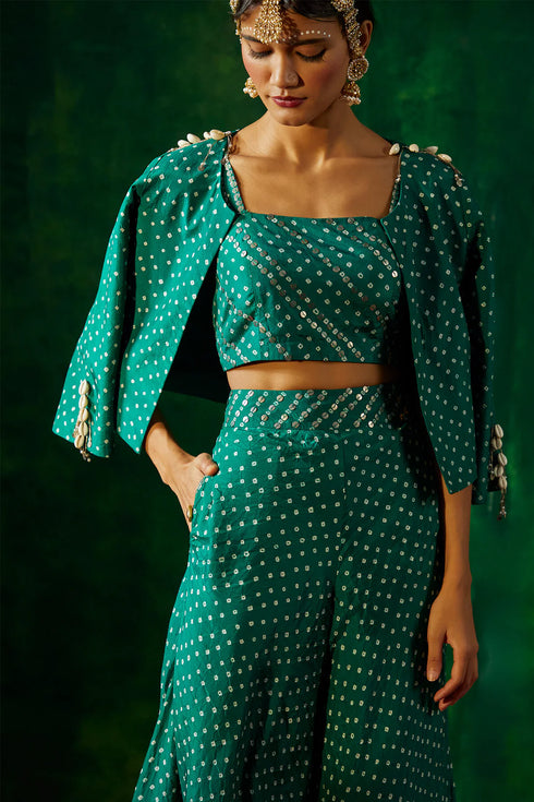 Short Bandhni Blazer With Bustier And Flared Pants