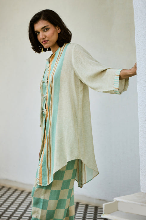 Off white Linen Kurta Set With Checked Pants