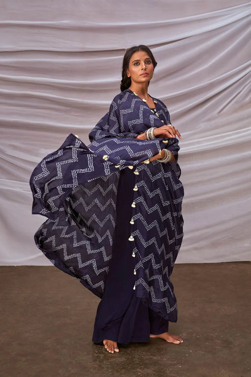 Zig-Zag Bandhani Cape Set With Flared Pants