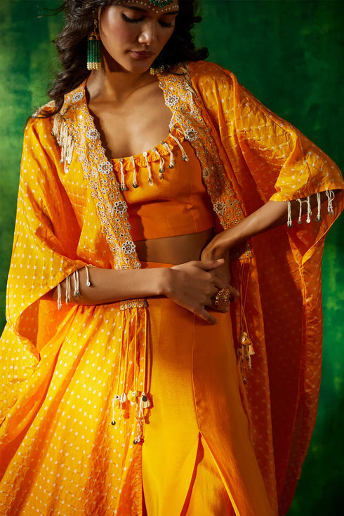 Bandhni Cape Set With Flared Pants