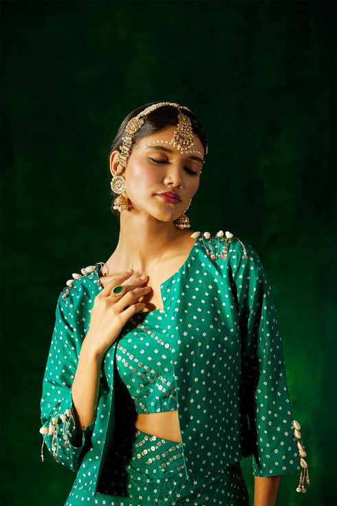 Short Bandhni Blazer With Bustier And Flared Pants