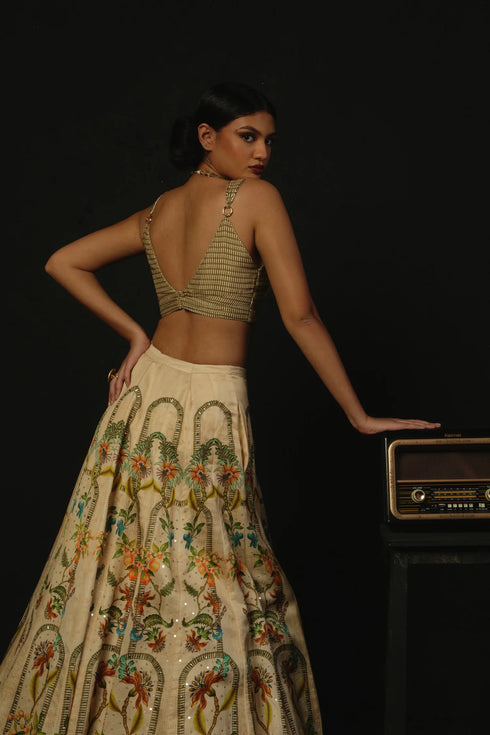 Beige Linen Satin & Tussar Lehenga Set