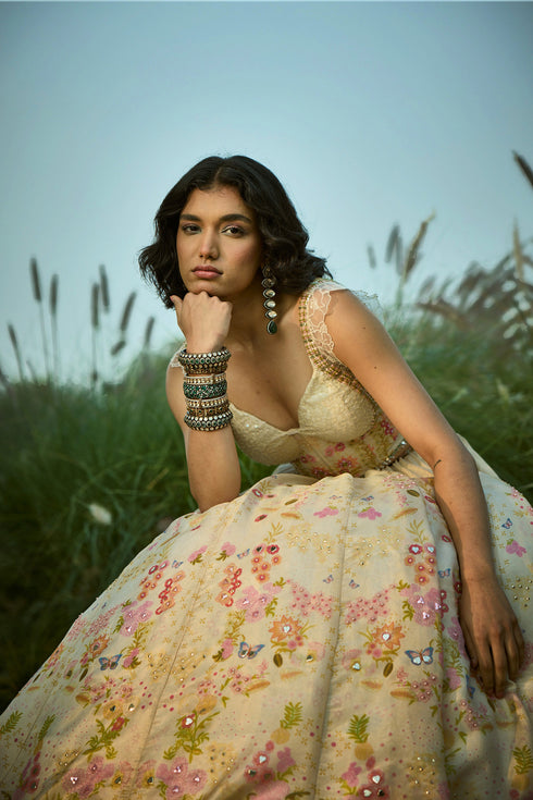 Off White Floral Lehenga Set