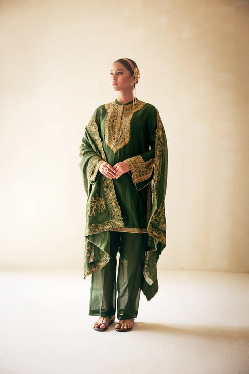 Green High Low Kurta Set