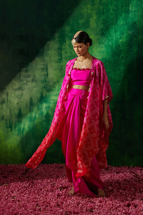 Bandhni Cape Set With Drape Skirt