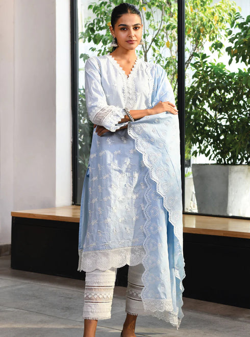 Salisbury Kurta With Multi Lace Slim Pants With Dupatta