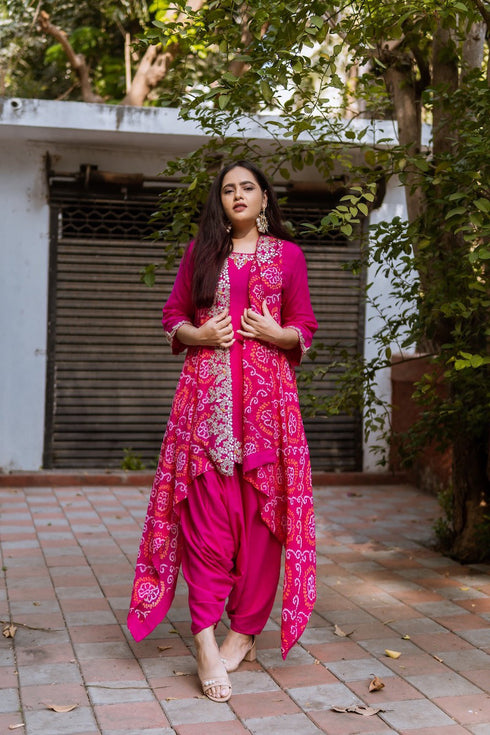 Asymmetrical Short Top,Harrom Pants And Bandhni Jacket