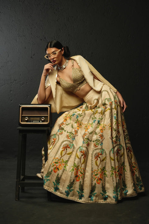 Beige Linen Satin & Tussar Lehenga Set