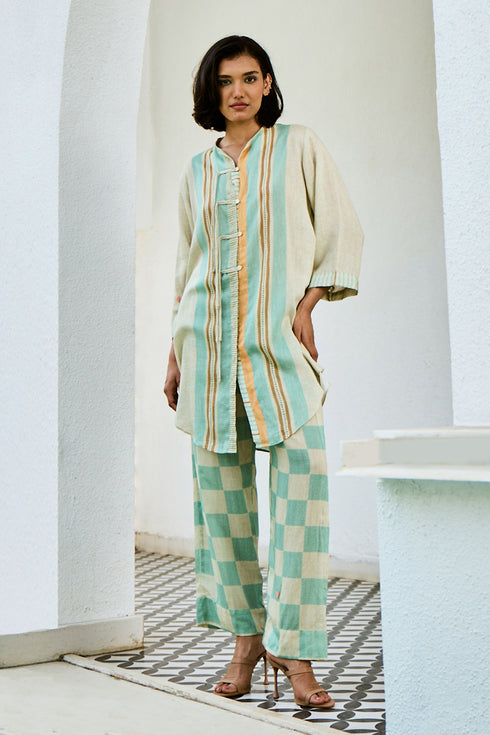 Off white Linen Kurta Set With Checked Pants