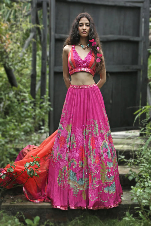 Pink Organza Printed Lehenga Set