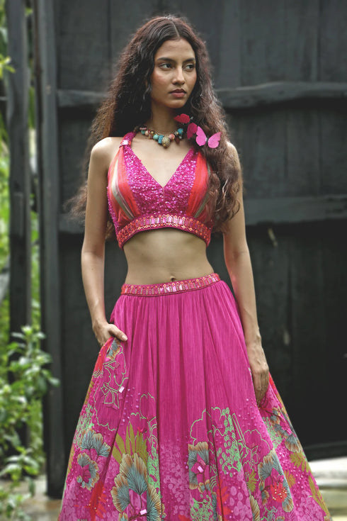 Pink Organza Printed Lehenga Set