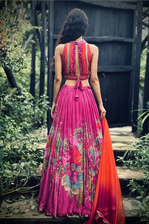 Pink Organza Printed Lehenga Set