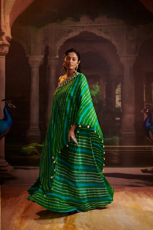 One Shoulder Leheriya Cape And Skirt Set