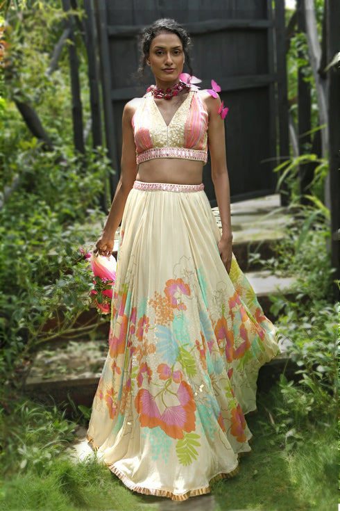 Beige Organza Floral Printed Lehenga Set