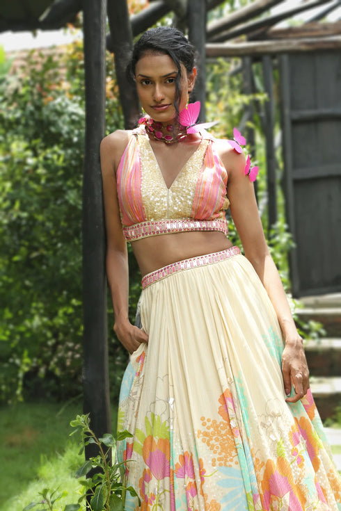 Beige Organza Floral Printed Lehenga Set