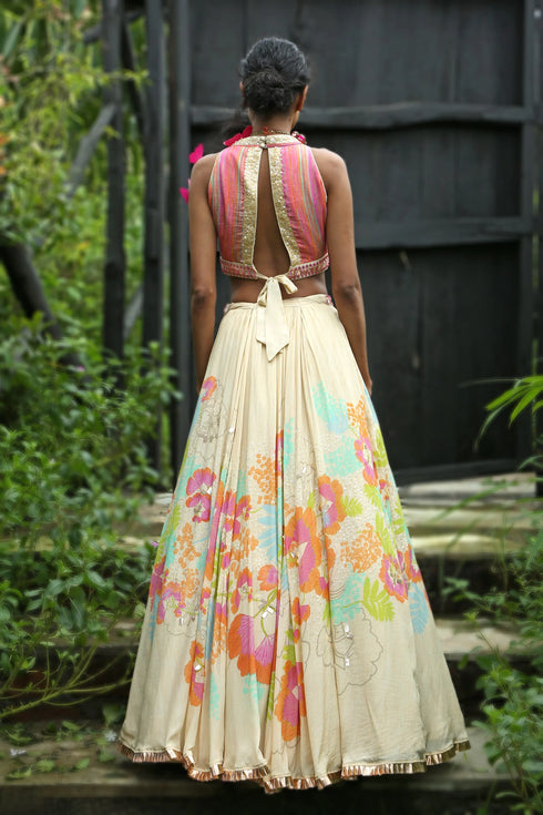 Beige Organza Floral Printed Lehenga Set