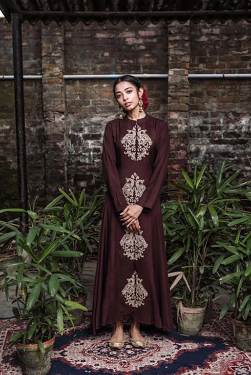 Lined Satin Dress With Peacock Zardosi Motifs