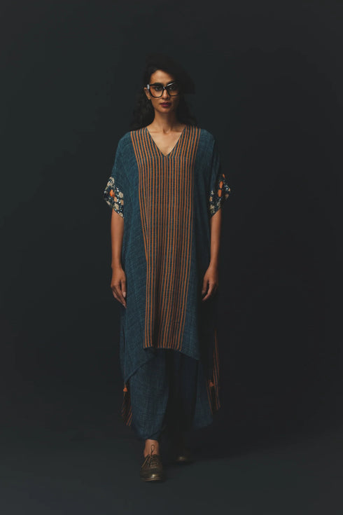 Navy Blue Crepe Textured Tunic Set