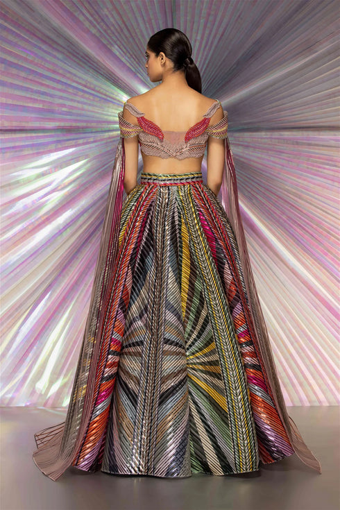 Hand Embroidered Blouse With Metallic Lehenga