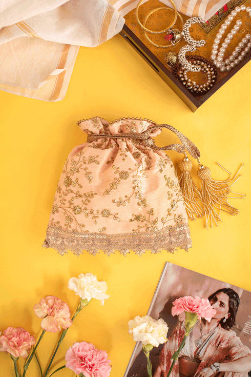 Alia Silk Embroidered Potli Bag Peach