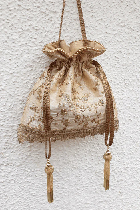Alia Silk Embroidered Potli Bag Beige